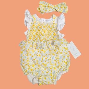 Joie Yellow Overall Baby Outfit 3-6 Months Floral Spring Ruffles Cute Baby Gir